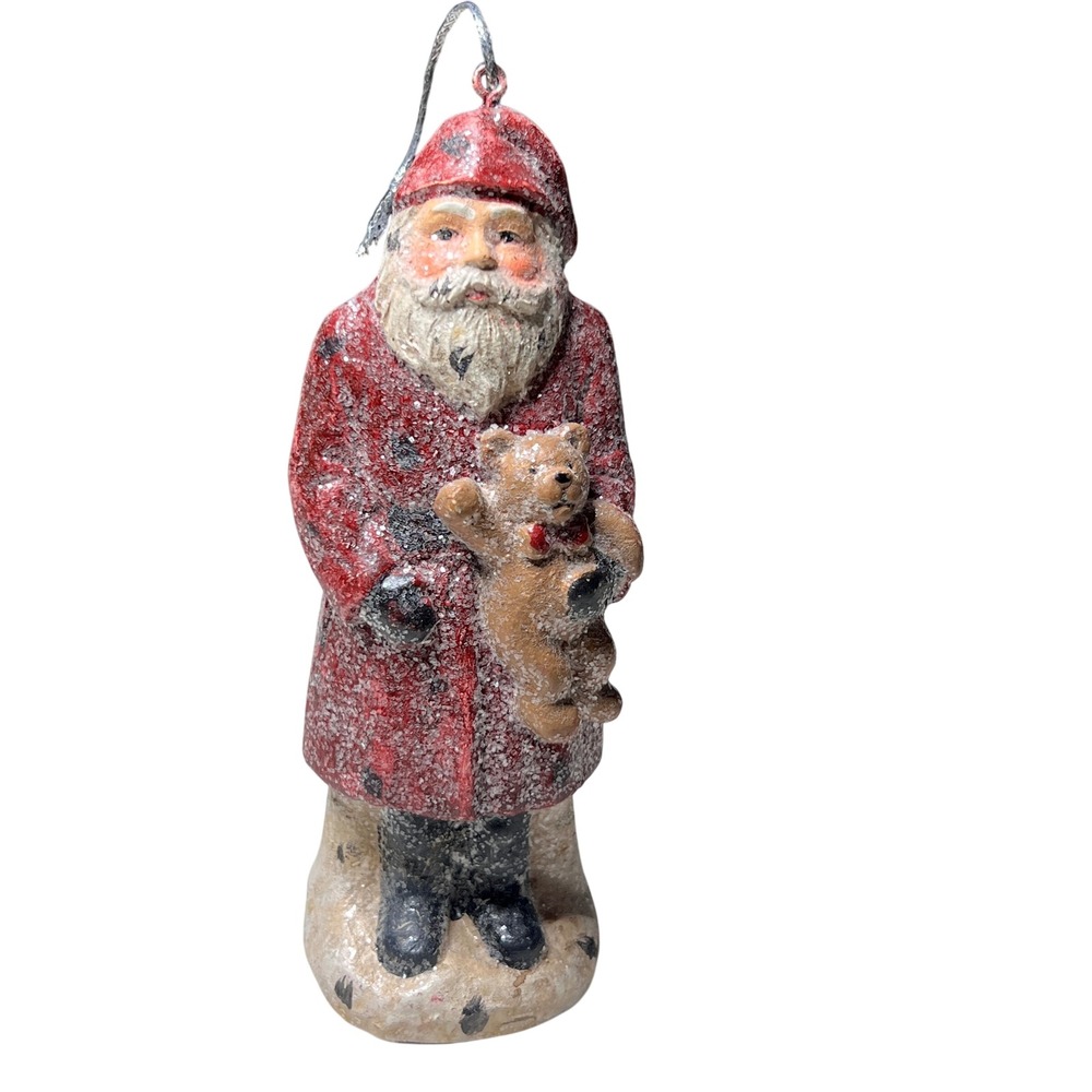 Santa Claus Ornament Figurine Holding Teddy Bear‎ Snow Christmas Holiday Decor